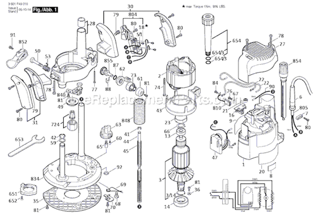 Page A Diagram and Parts List for 1649 3601F49010 Bosch Router
