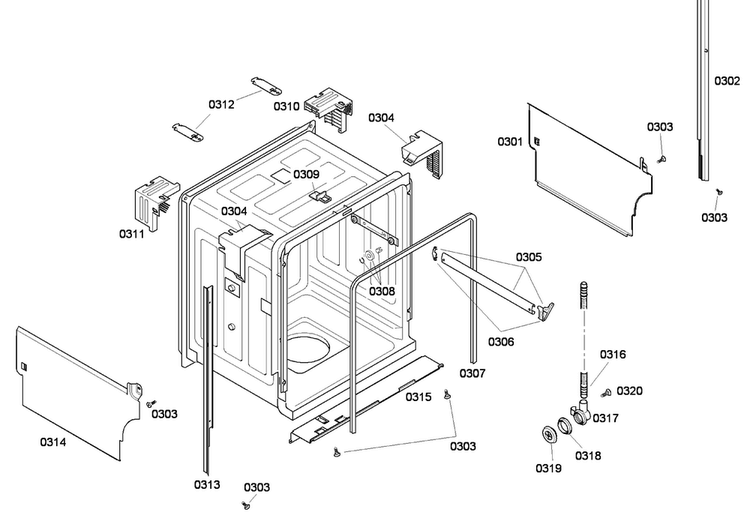 Cabinet Diagram and Parts List for SHE43F05UC 48 Bosch Dishwasher