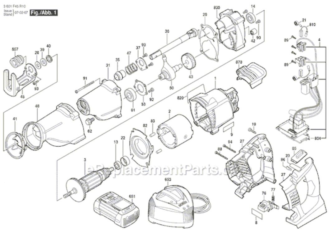 Page A Diagram and Parts List for 1651B 3601F45R10 Bosch Reciprocating Saw
