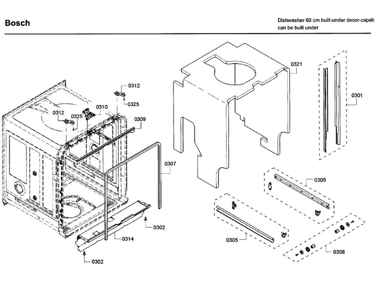 Frame Diagram and Parts List for SHE53T56UC 09 Bosch Dishwasher