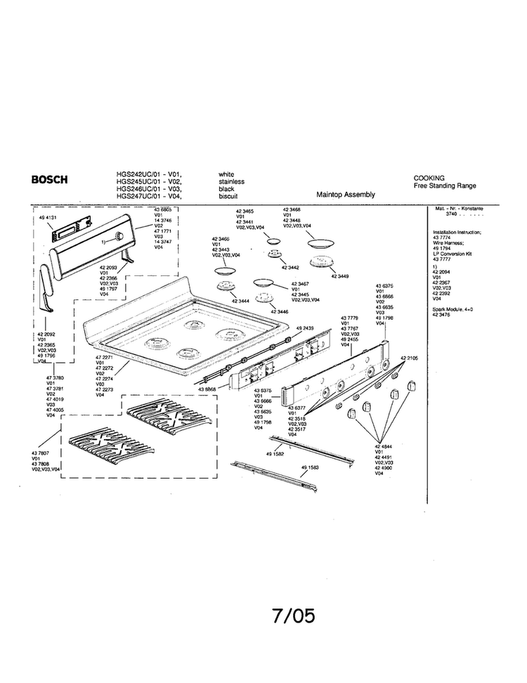 Maintop Assembly Diagram and Parts List for HGS246UC 01 Bosch Range