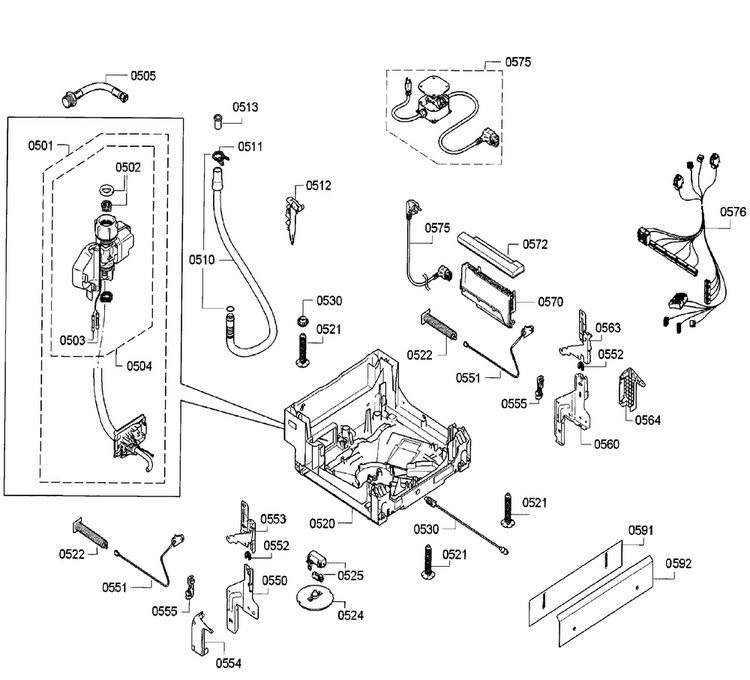 Base Diagram and Parts List for SPE53U55UC 33 Bosch Dishwasher