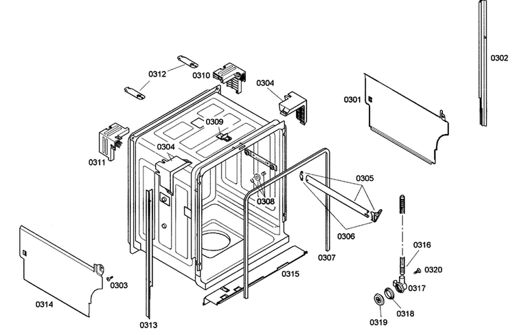 Cabinet Diagram and Parts List for SHE42L16UC 50 Bosch Dishwasher