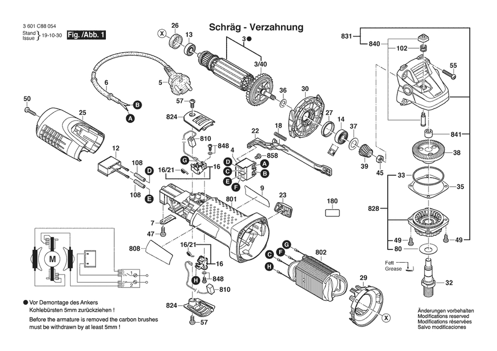 Section 1 Diagram and Parts List for GWS7-125TNBT 3601C88657 Bosch Angle Grinder