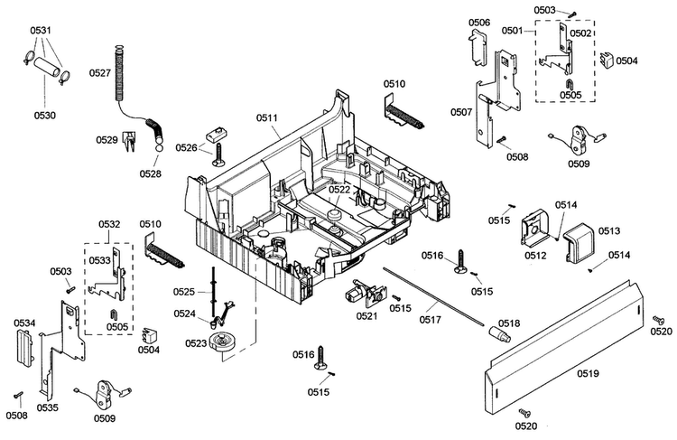 Base Assy Diagram and Parts List for SHE44C02UC 36 Bosch Dishwasher