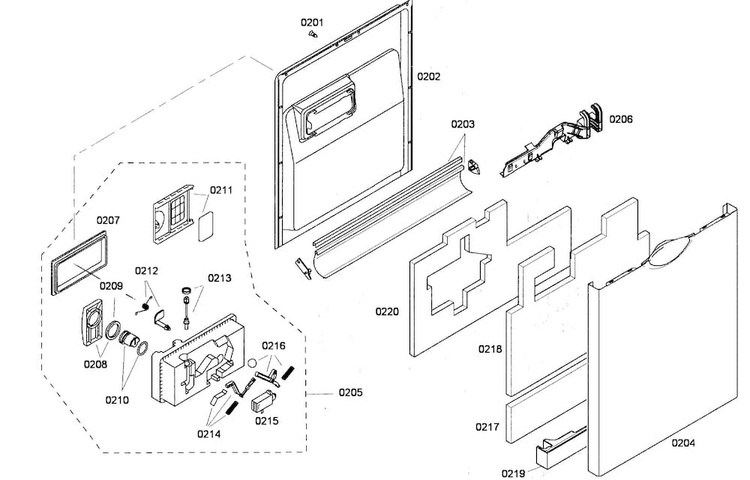 Door Assy Diagram and Parts List for SHE55P02UC 53 Bosch Dishwasher