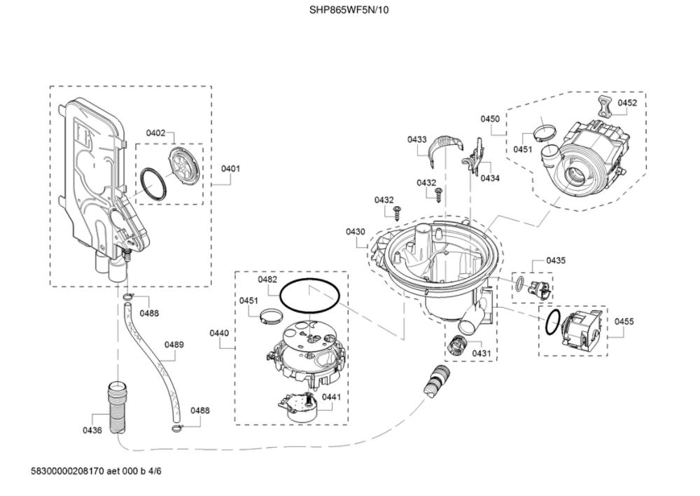 Water Inlet System/Sump/Heat Pump Diagram and Parts List for SHP865WF5N 10 Bosch Dishwasher