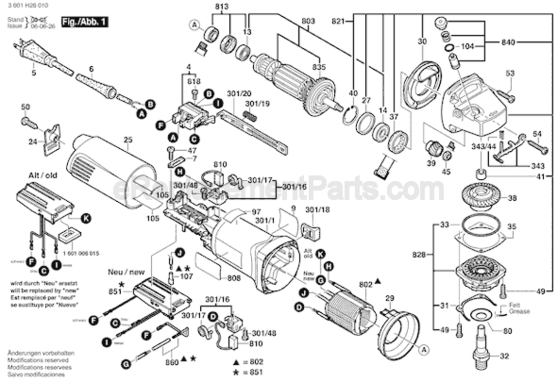 Page A Diagram and Parts List for 1806E 3601H26010 Bosch Angle Grinder