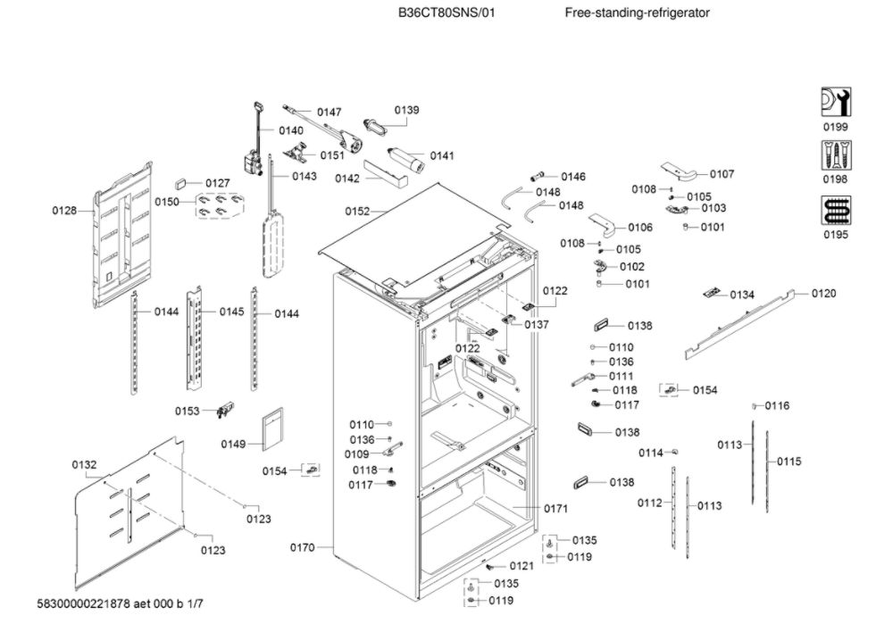 Cabinet Parts Diagram and Parts List for B36CT80SNS 01 Bosch Refrigerator