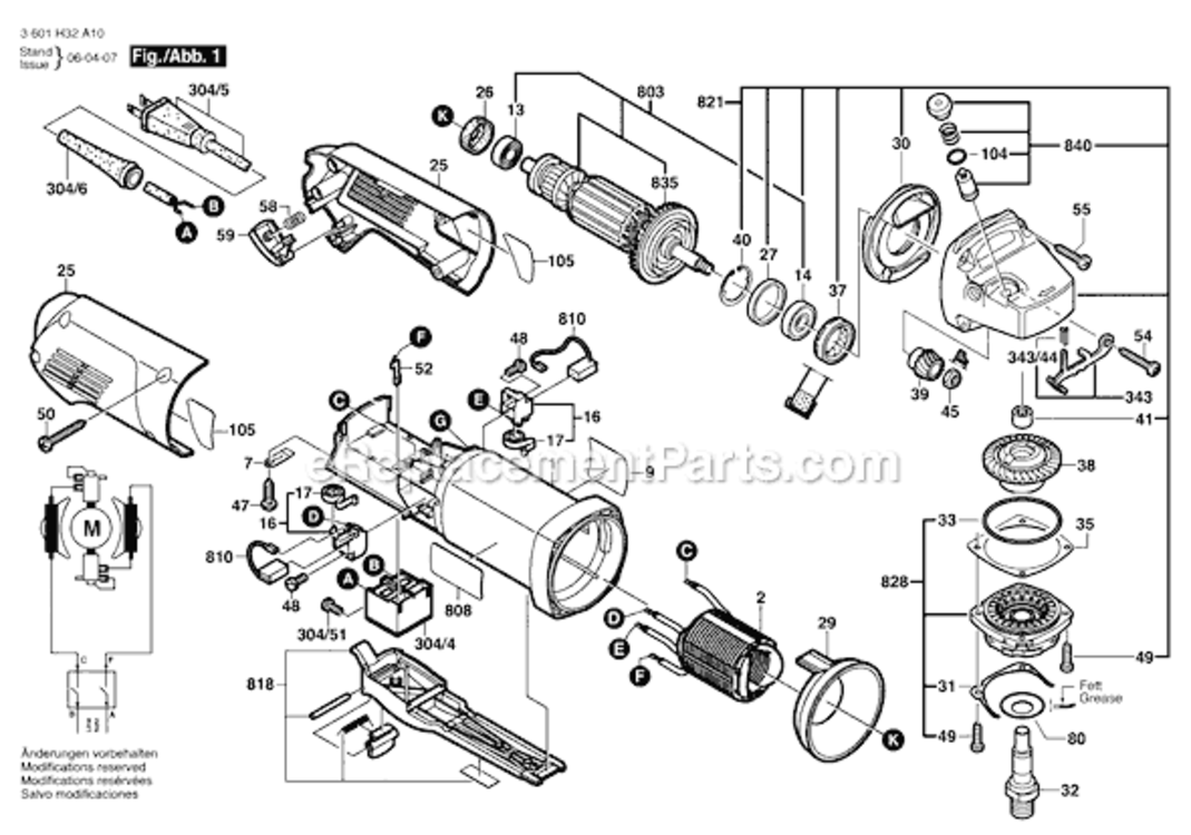 Page A Diagram and Parts List for 1811PS 3601H32A10 Bosch Angle Grinder