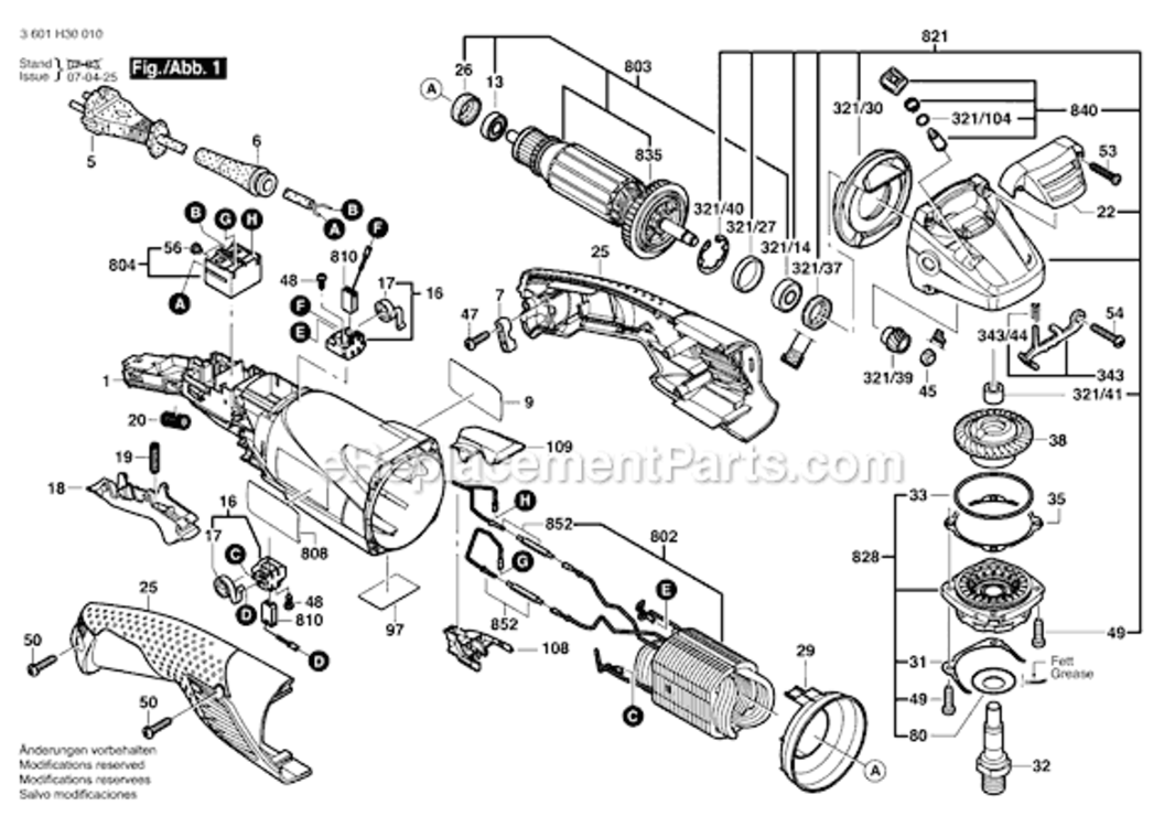 Page A Diagram and Parts List for 1821D 3601H30A10 Bosch Angle Grinder