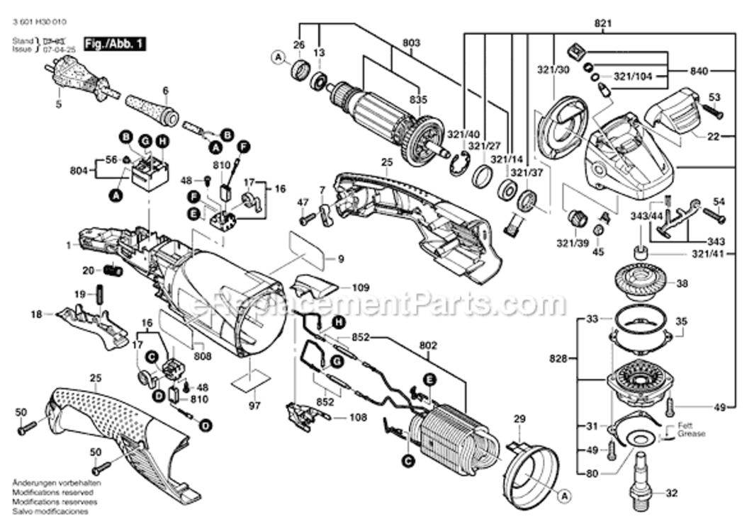 Page A Diagram and Parts List for 1821 3601H30010 Bosch Angle Grinder