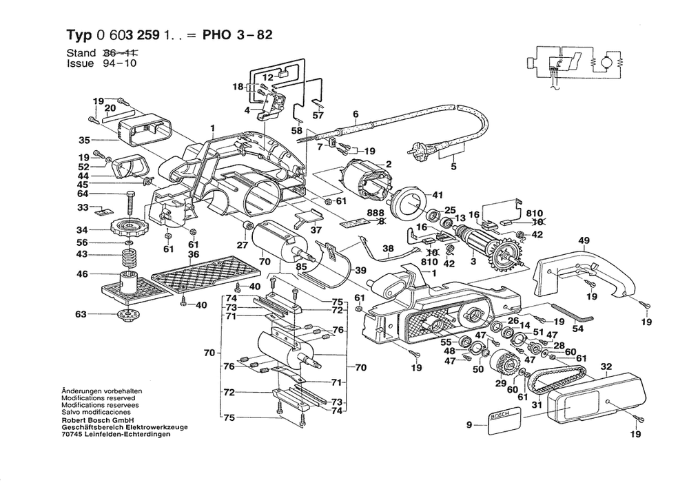 Section 1 Diagram and Parts List for PHO30-82 0603259103 Bosch Planer Jointer