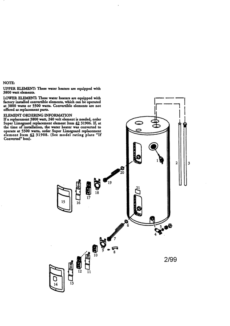 50 Gallon Medium Diagram and Parts List for 153316652  Kenmore Water Heater