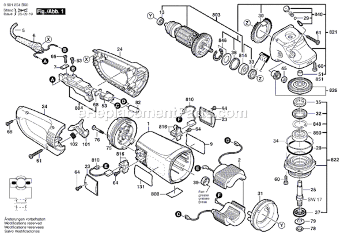 Page A Diagram and Parts List for 1894-6 0601854B60 Bosch Angle Grinder