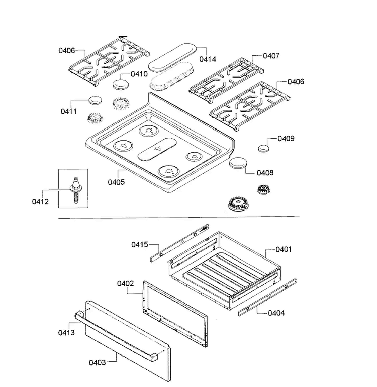 Top Assy/drawer Diagram and Parts List for HGS5053UC 07 Bosch Range