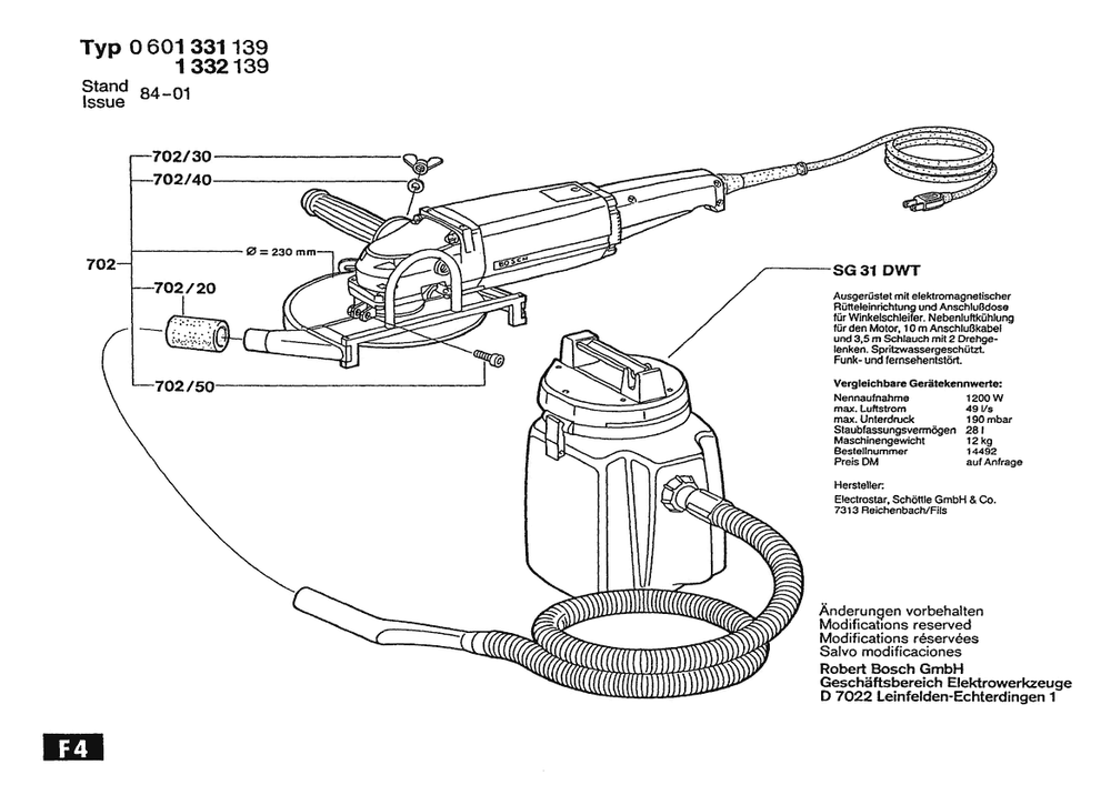 Section 3 Diagram and Parts List for 601331139 0601331139 Bosch Angle Grinder