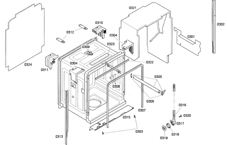 Cabinet Diagram and Parts List for SHE65P02UC 53 Bosch Dishwasher
