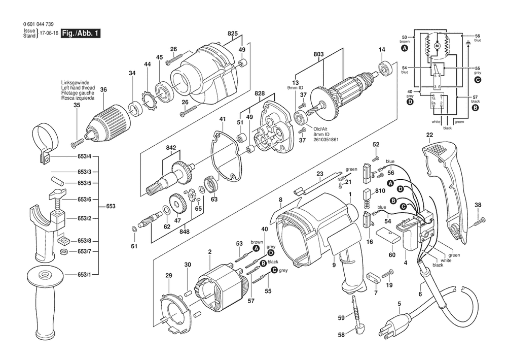 Section 1 Diagram and Parts List for 1031VSR 0601047739 Bosch Drill
