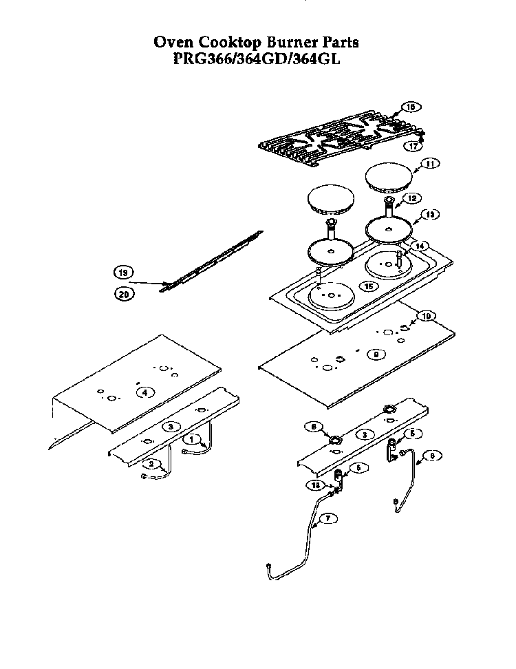 Oven Cooktop Burners Diagram and Parts List for PRG364GL  Thermador Range