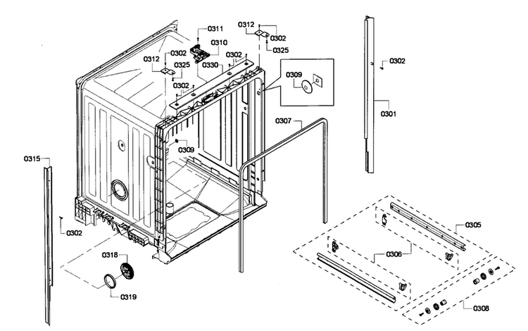 Cabinet Assy Diagram and Parts List for SHE4AP06UC 03 Bosch Dishwasher