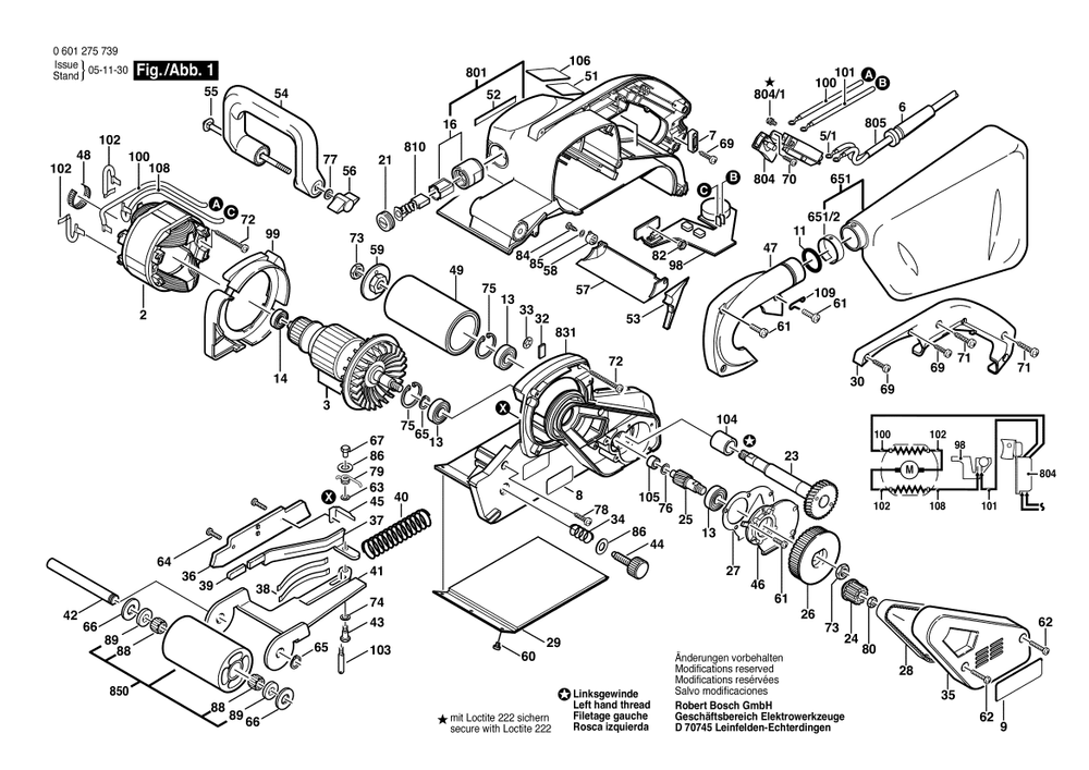 Section 1 Diagram and Parts List for 0601275739  Bosch Belt or Drum Sander