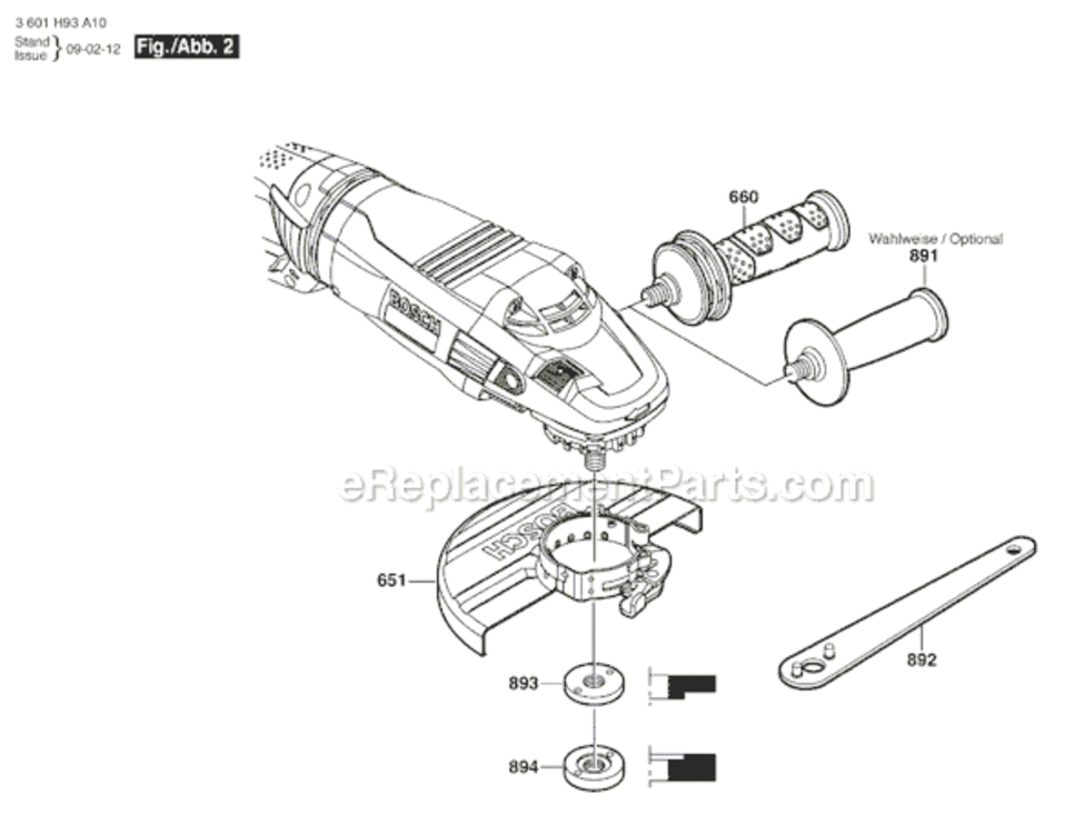 Page B Diagram and Parts List for 1994-6D 3601H93G10 Bosch Angle Grinder