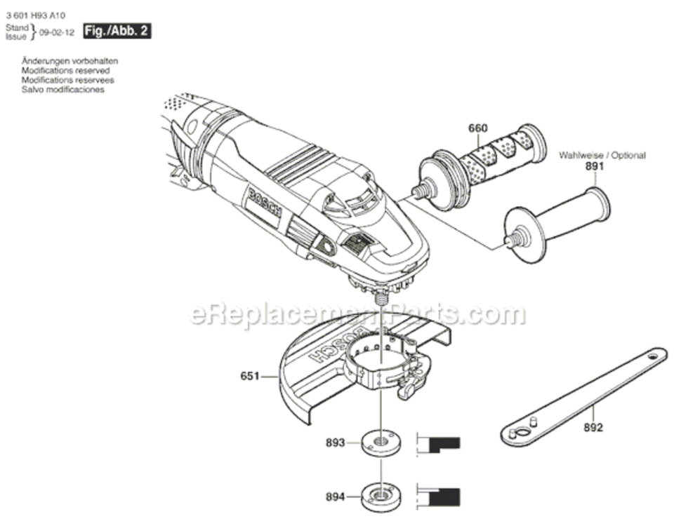 Page B Diagram and Parts List for 1994-6 3601H93A10 Bosch Angle Grinder