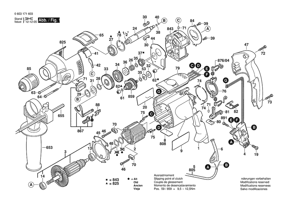 Section 1 Diagram and Parts List for PSB1000-2RE 0603171662 Bosch Hammer Drill
