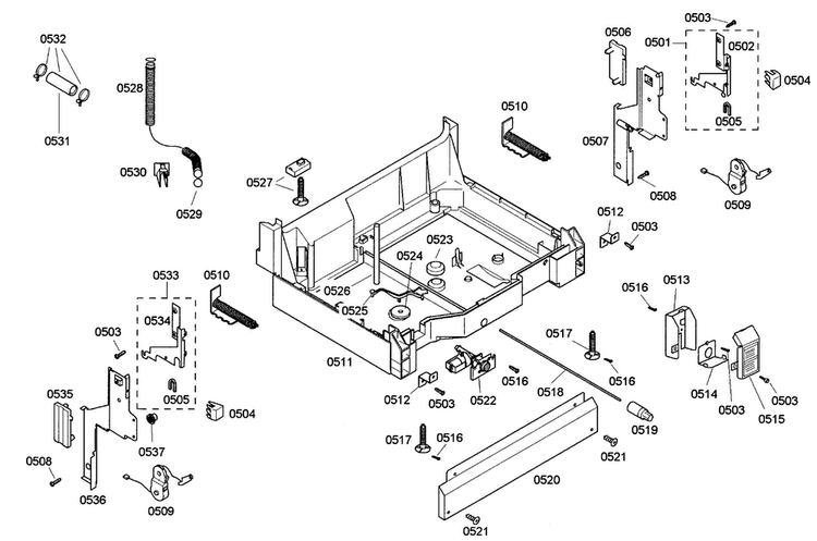 Base Assy Diagram and Parts List for SHE43C02UC 18 Bosch Dishwasher