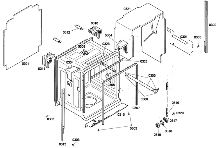 Cabinet Diagram and Parts List for SHE68P05UC 53 Bosch Dishwasher