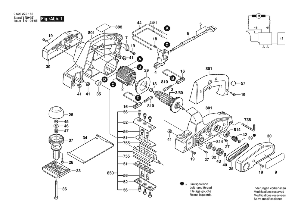 Section 1 Diagram and Parts List for PHO15-82 0603272180 Bosch Planer Jointer