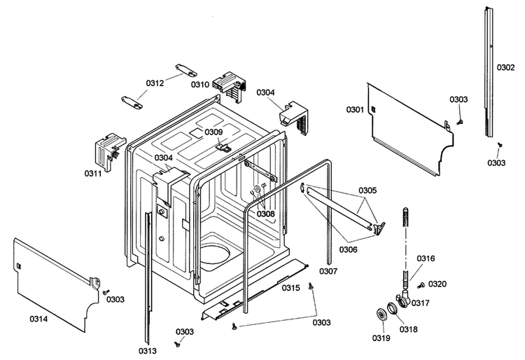 Cabinet Diagram and Parts List for SHE43C02UC 40 Bosch Dishwasher