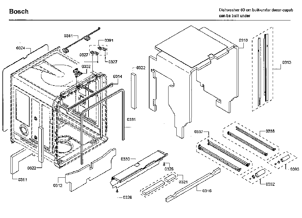 Cabinet Diagram and Parts List for SHE89PW55N 01 Bosch Dishwasher