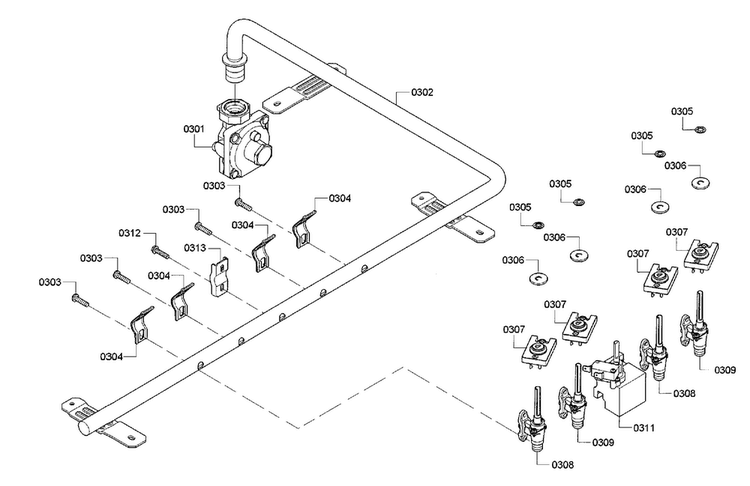 Manifold Diagram and Parts List for NGMP055UC 01 Bosch Cooktop