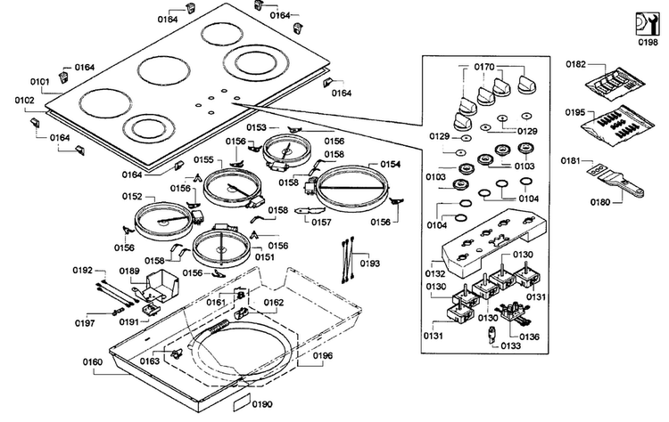 Cooktop Diagram and Parts List for NEM3664UC 01 Bosch Cooktop