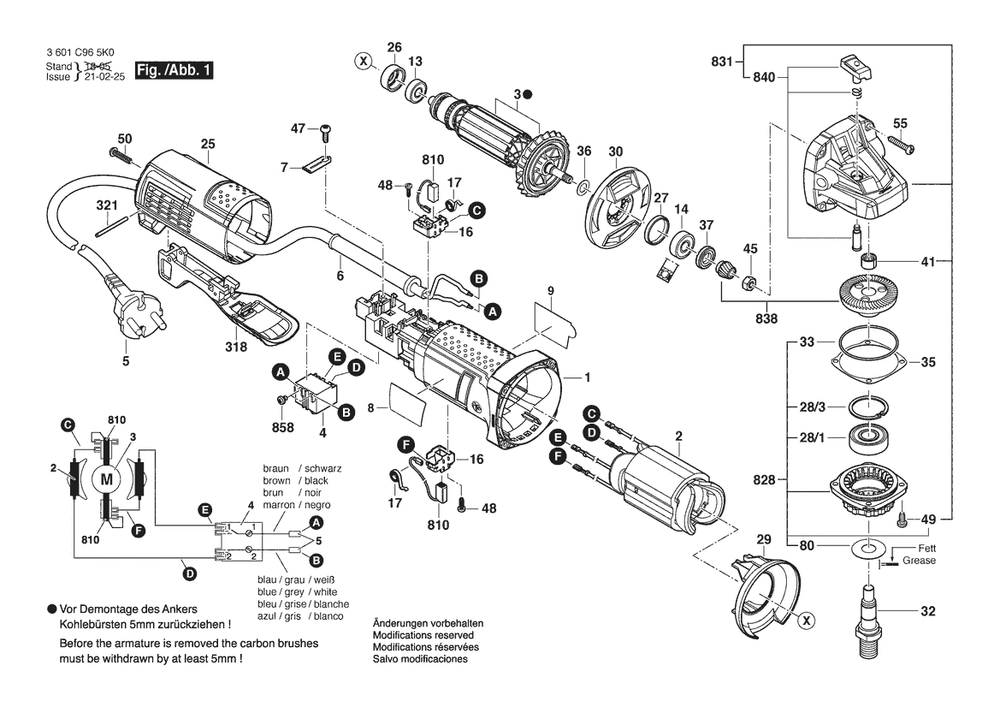Section 1 Diagram and Parts List for GWS9-115P 3601C965P2 Bosch Angle Grinder