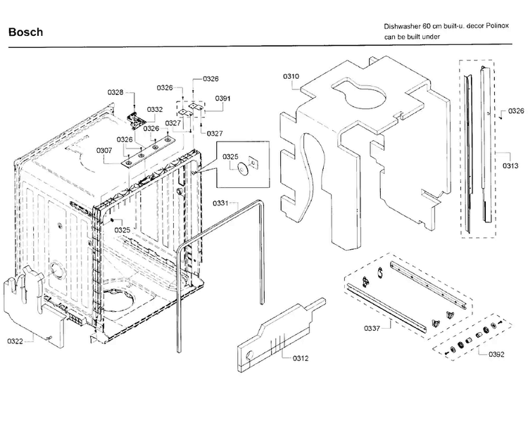Frame Diagram and Parts List for SHE3AR75UC 22 Bosch Dishwasher