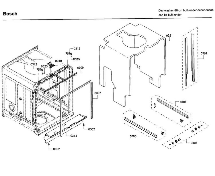 Frame Diagram and Parts List for SHE53T52UC 07 Bosch Dishwasher