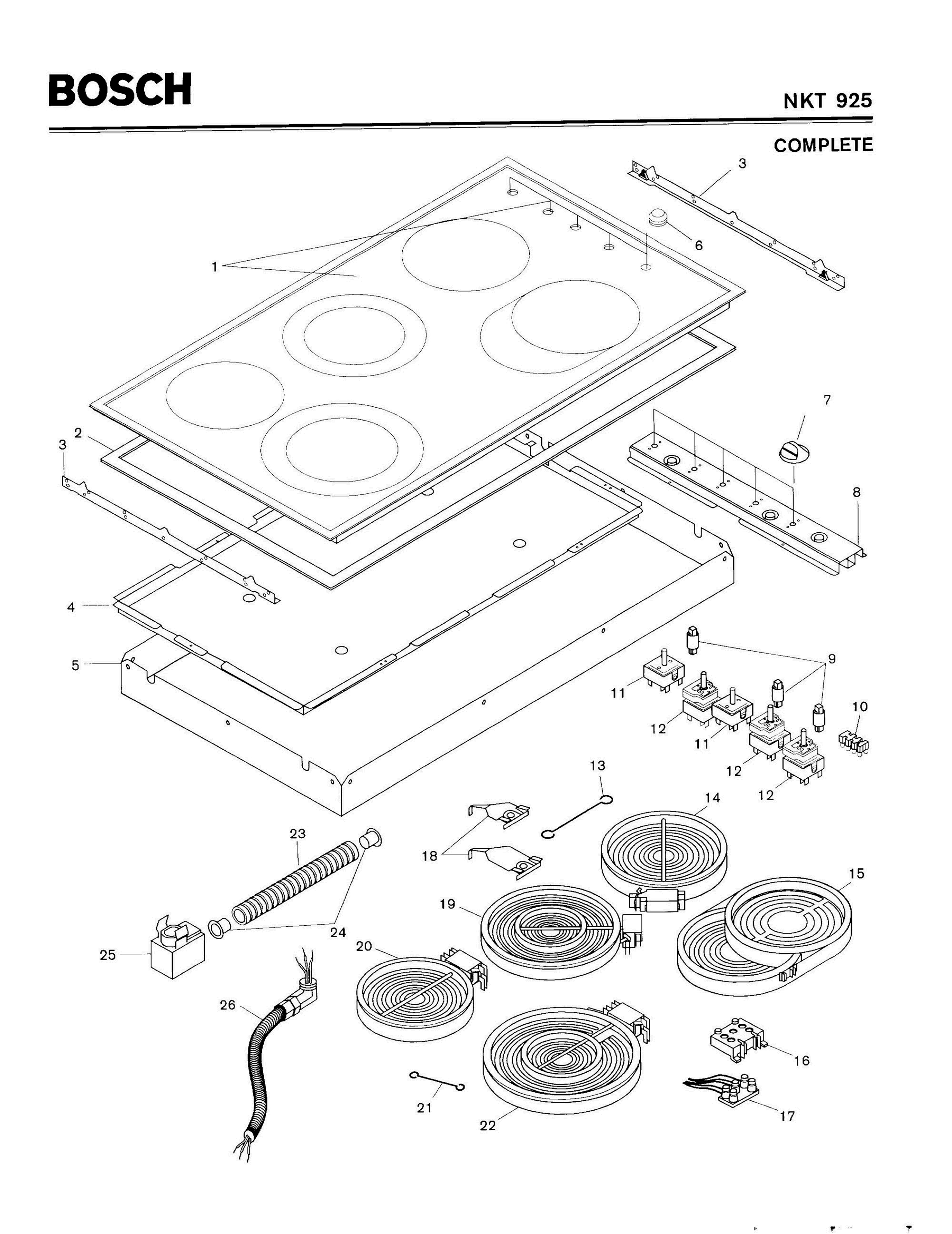 01 - COMPLETE Diagram and Parts List for NKT925  Bosch Cooktop