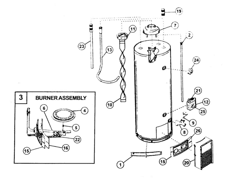 Water Heater Diagram and Parts List for 153331443  Kenmore Water Heater