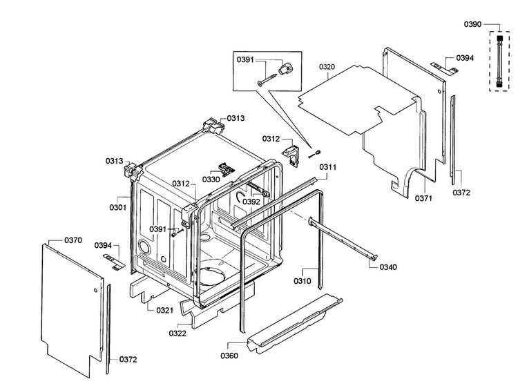Frame Diagram and Parts List for SGE53U56UC A3 Bosch Dishwasher
