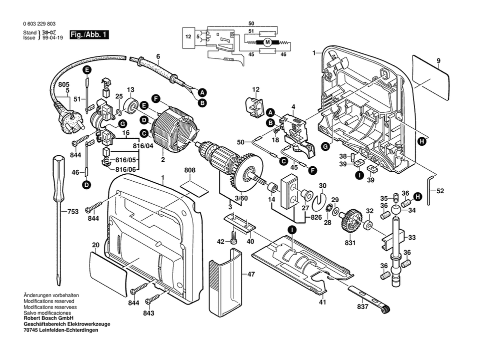 Section 1 Diagram and Parts List for PST53AE 0603229882 Bosch Jig Saw