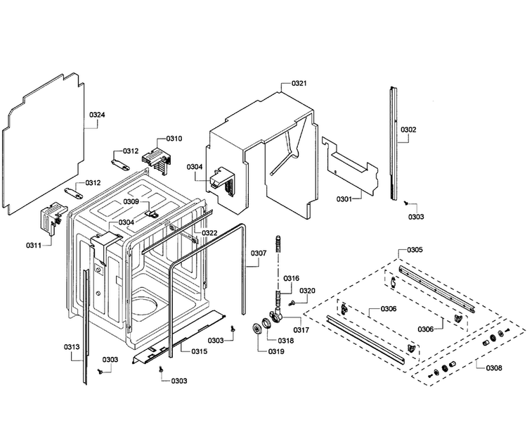 Cabinet Diagram and Parts List for SHE55M15UC 61 Bosch Dishwasher