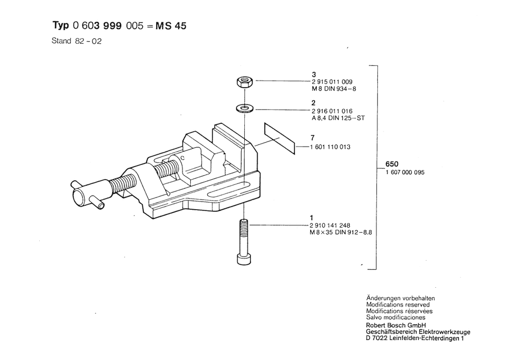 Section 1 Diagram and Parts List for 0603999005  Bosch Drill Press