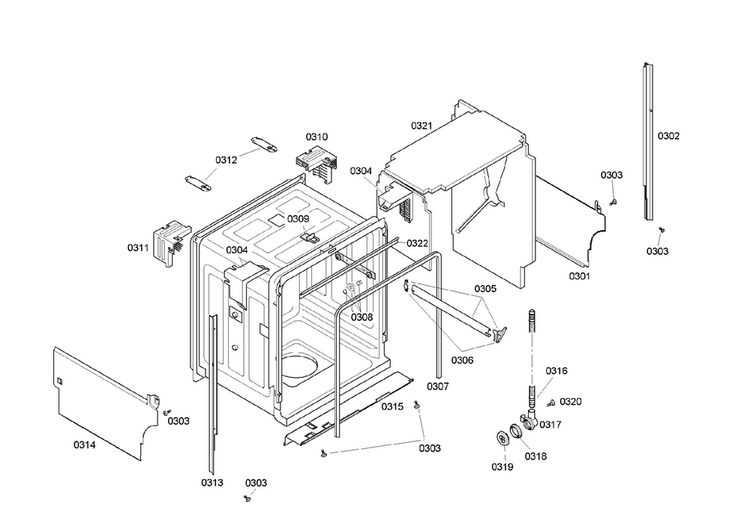 Cabinet Assy Diagram and Parts List for SHE45M06UC 46 Bosch Dishwasher