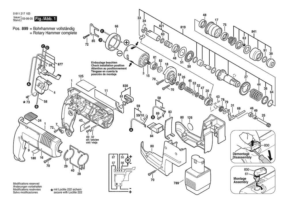 Section 1 Diagram and Parts List for GBH12VR 0611217120 Bosch Hammer Drill