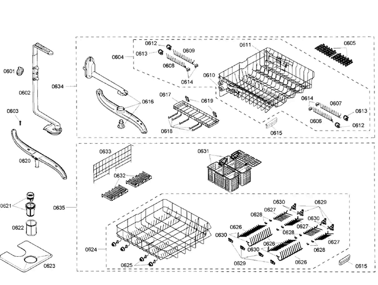 Racks Diagram and Parts List for SHX57C05UC 36 Bosch Dishwasher