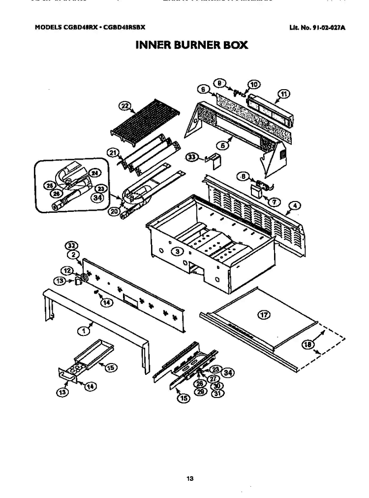 Inner Burner Box Diagram and Parts List for CGBD48RSBX  Thermador Grill