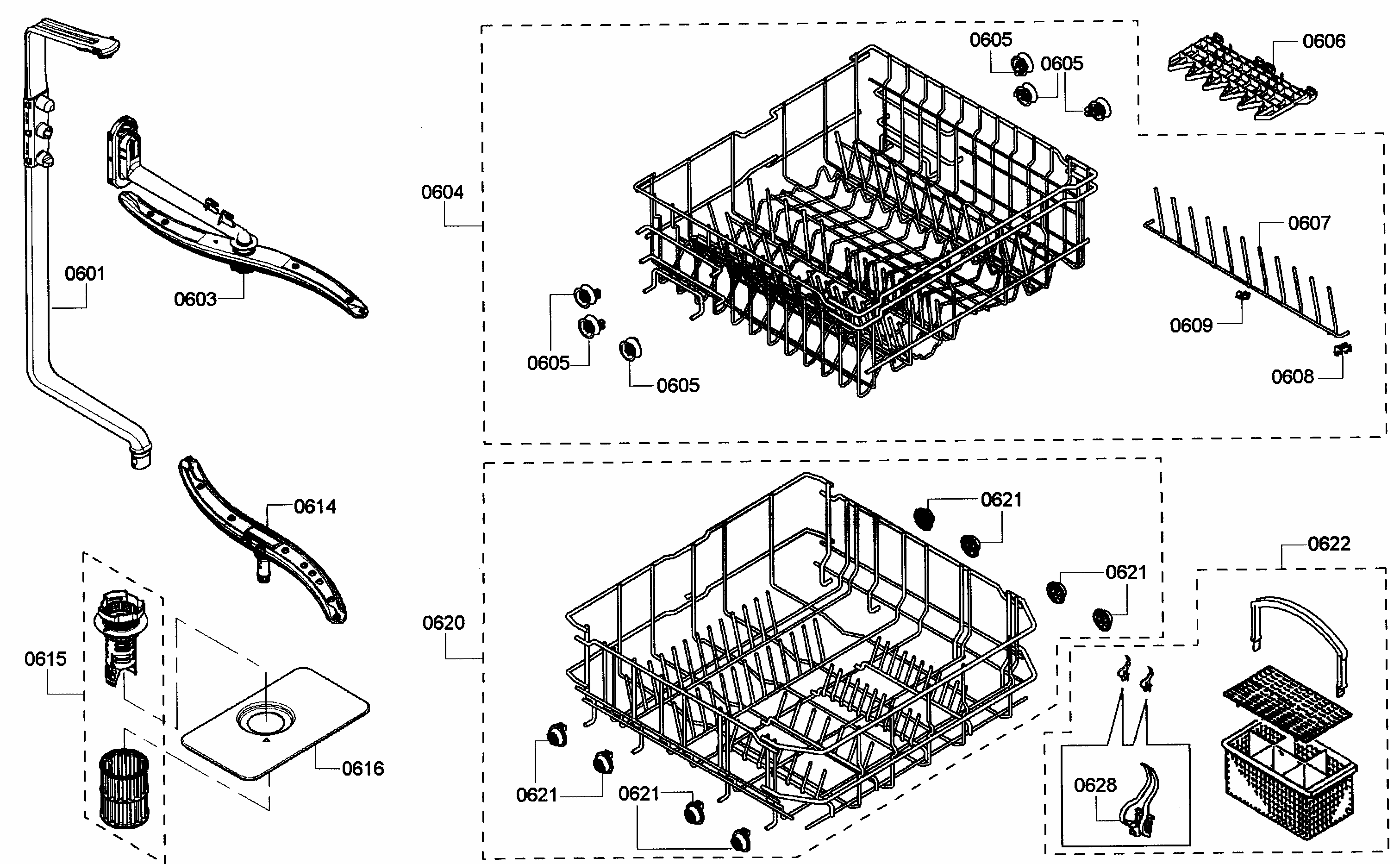 Baskets Diagram and Parts List for S36KMK15UC 05 Bosch Dishwasher